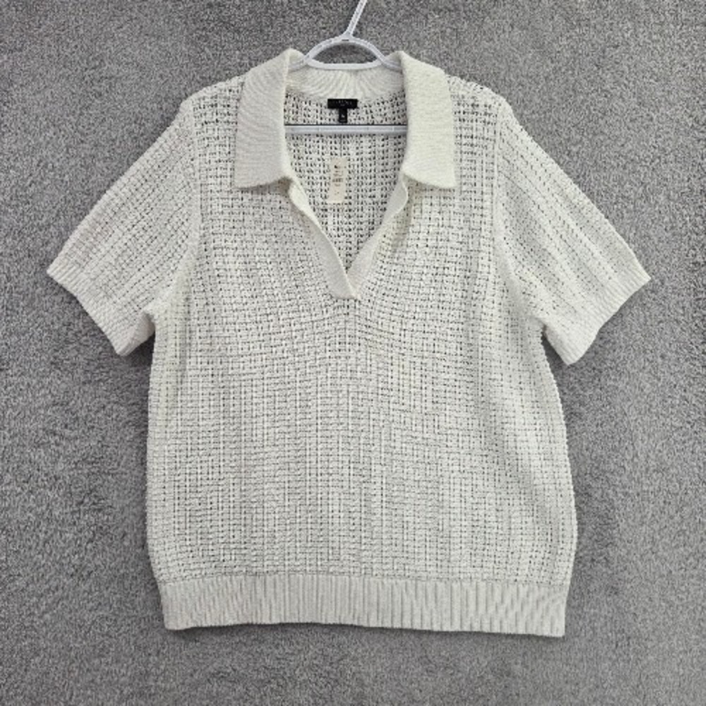 Talbots Crochet Knit Polo Women's 2X White Short Sleeve V-Neck Classic Top NWT